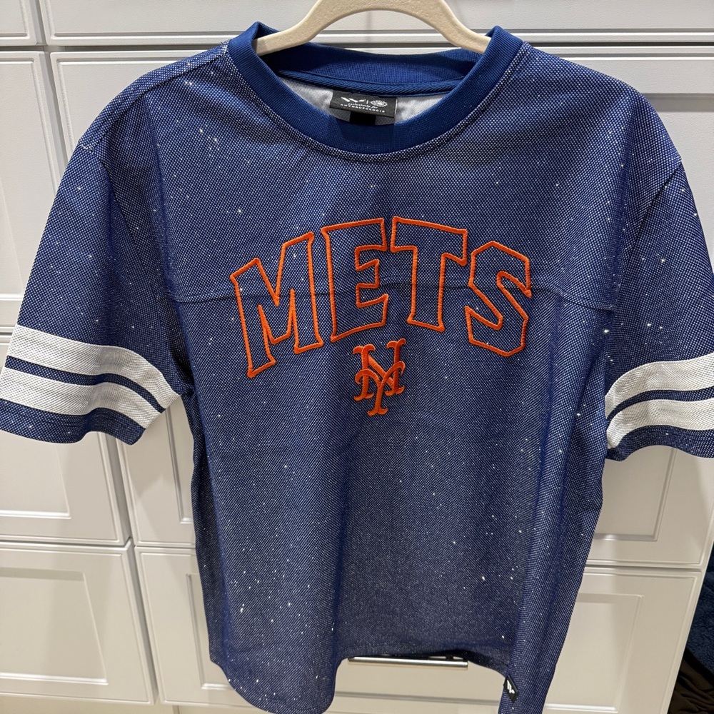 Anthropologie Blue Mets Jersey with Orange Accents
